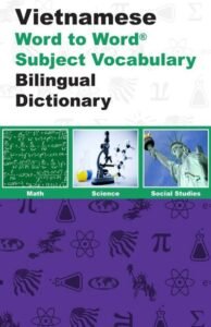 Cover of a Vietnamese Word to Word Subject Vocabulary Bilingual Dictionary, with 'Math', 'Science', and 'Social Studies' panels on a green strip and a purple patterned background.