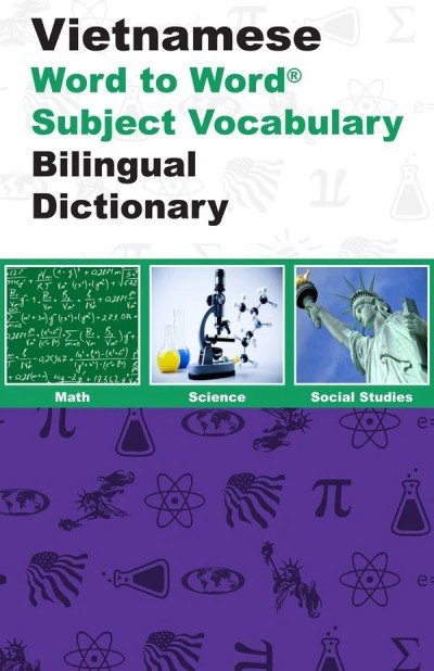 Cover of a Vietnamese Word to Word Subject Vocabulary Bilingual Dictionary, with 'Math', 'Science', and 'Social Studies' panels on a green strip and a purple patterned background.