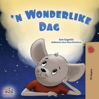 Book cover for 'A Wonderful Day' showing a gray mouse in a red shirt gazing upward under a starry night sky.